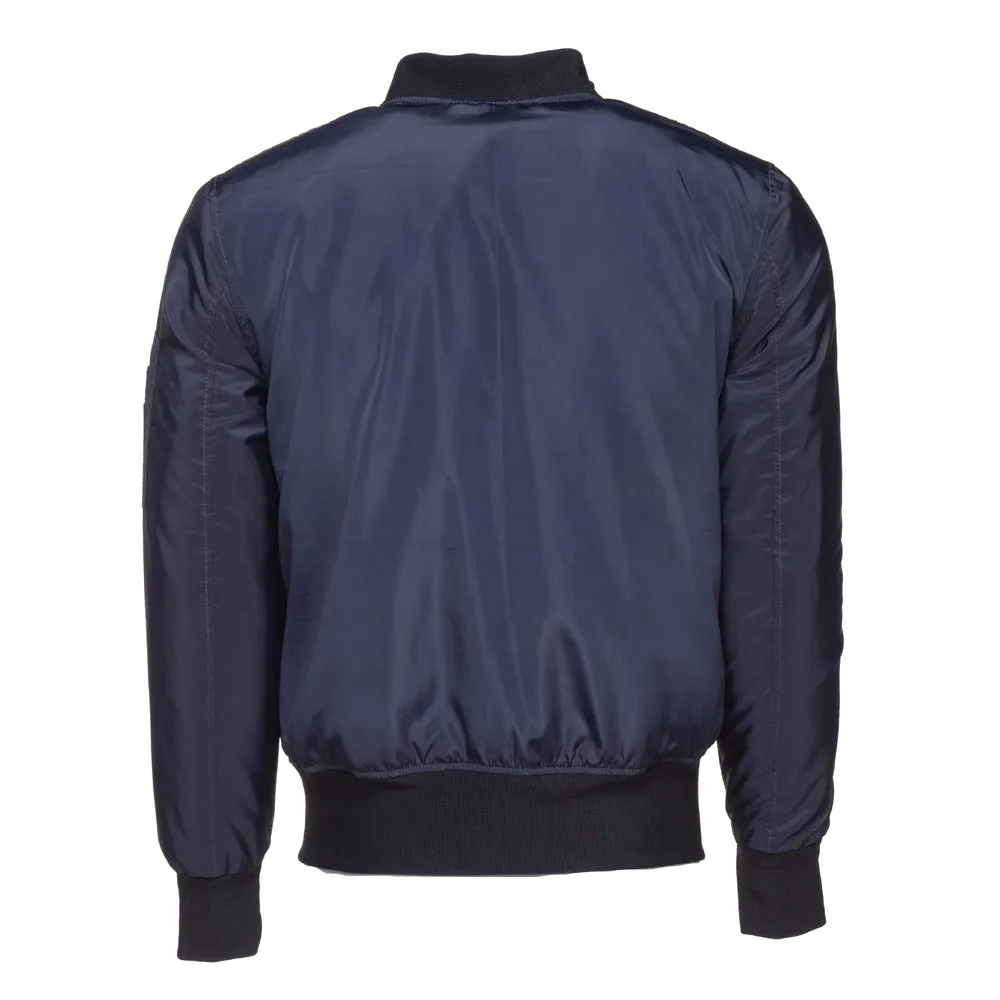 Zak's blue Nylon flight jacket with ribbed waist