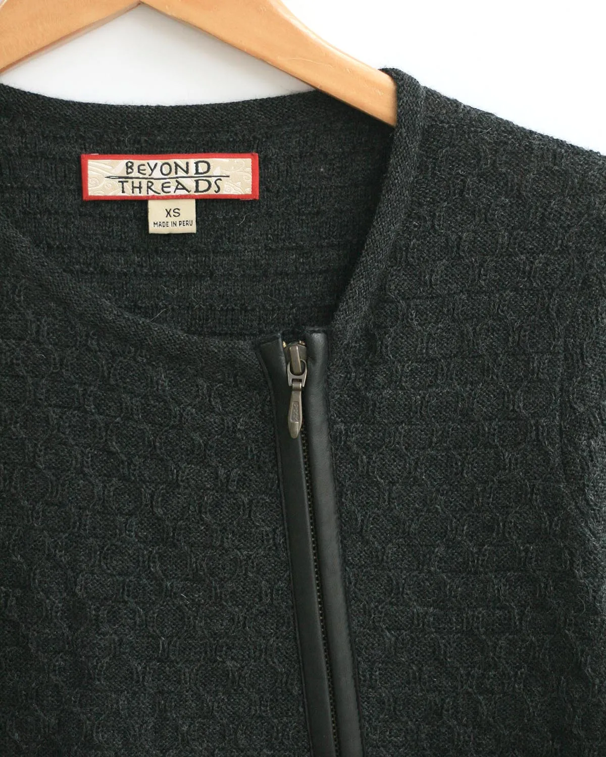 Zip Edge Knit Alpaca Cardigan with Leather Trim