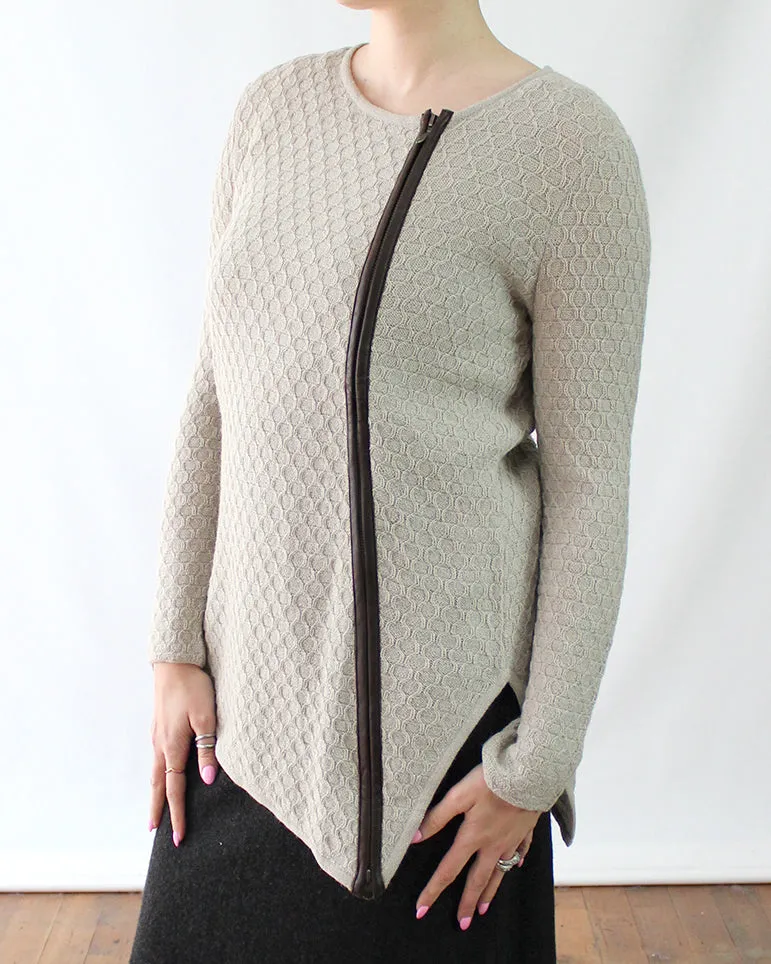 Zip Edge Knit Alpaca Cardigan with Leather Trim